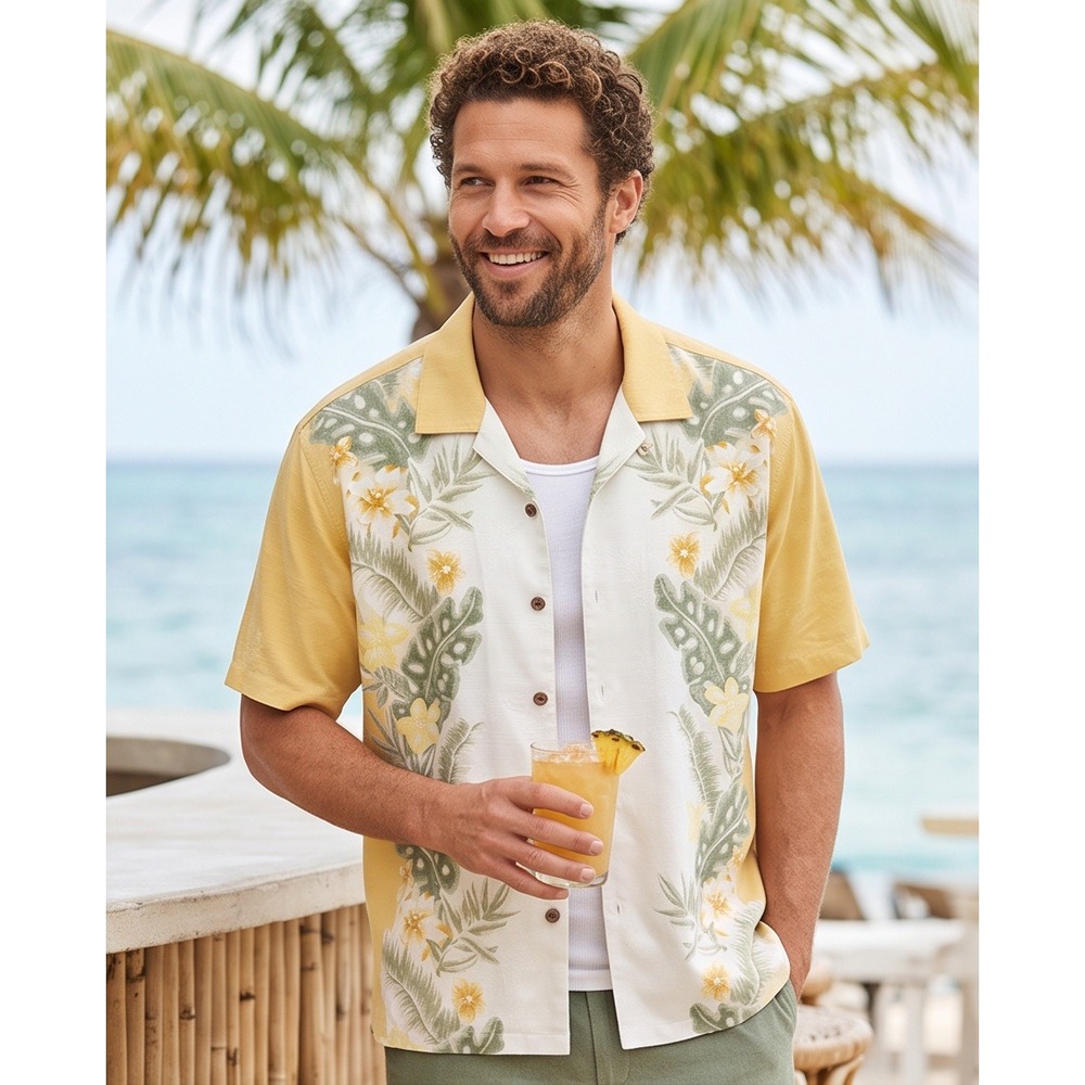 Tommy Bahama Mens L Silk Hawaiian Shirt Yellow Floral Leaf Camp Button Up